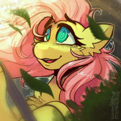 Size: 3500x3500 | Tagged: safe, artist:yumkandie, imported from derpibooru, fluttershy, pegasus, pony, cute, cute little fangs, fangs, freckles, guitar, high res, leaves, musical instrument, open mouth, open smile, smiling, solo, swirly eyes, windswept mane, wingding eyes