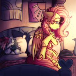 Size: 3500x3500 | Tagged: safe, artist:yumkandie, imported from derpibooru, fluttershy, rainbow dash, pegasus, pony, alternate cutie mark, bed, bedroom, duo, female, flutterdash, freckles, high res, lesbian, lying down, piercing, scar, shipping, sitting, sleeping