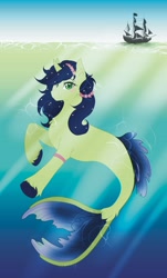 Size: 2480x4102 | Tagged: safe, artist:themstap, imported from derpibooru, oc, mermaid, merpony, seapony (g4), unicorn, blue mane, blue tail, blushing, bubble, crepuscular rays, digital art, dorsal fin, female, fin, fish tail, flowing mane, flowing tail, green eyes, horn, looking at you, mare, ocean, seaponified, smiling, smiling at you, solo, species swap, sunlight, swimming, tail, underwater, unshorn fetlocks, water