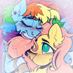 Size: 3500x3500 | Tagged: safe, artist:yumkandie, imported from derpibooru, fluttershy, rainbow dash, pegasus, pony, bandage, duo, ear piercing, eyebrows, eyebrows visible through hair, eyes closed, facial scar, female, flutterdash, freckles, heart, heart eyes, high res, lesbian, nose piercing, nuzzling, one eye closed, piercing, scar, septum piercing, shipping, smiling, snuggling, wingding eyes