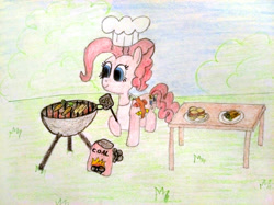 Size: 4032x3016 | Tagged: safe, artist:jakusi, pinkie pie, earth pony, pony, /pnk/, apron, burger, carrot, chef's hat, clothes, coal, female, food, grass, grill, hat, hay, hay burger, ketchup, mare, mustard, pinktober, plate, sauce, solo, spatula, table, traditional art