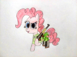 Size: 4032x3016 | Tagged: safe, artist:jakusi, pinkie pie, earth pony, pony, /pnk/, boots, camouflage, clothes, dog tags, female, gun, looking at you, mare, military, military uniform, pinktober, rifle, shoes, soldier, solo, traditional art, weapon