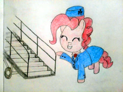 Size: 4032x3016 | Tagged: safe, artist:jakusi, pinkie pie, earth pony, pony, /pnk/, clothes, eyes closed, female, flight attendant, hat, mare, necktie, pinktober, pointing, skirt, smiling, solo, stairs, stewardess, traditional art, uniform