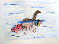 Size: 4032x3016 | Tagged: safe, artist:jakusi, pinkie pie, earth pony, pony, /pnk/, female, goggles, hat, hoax, loch ness monster, mare, pinktober, snorkel, solo, swimming, swimming cap, swimming goggles, traditional art, underwater, water
