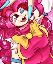 Size: 2500x3000 | Tagged: safe, artist:marubup, imported from derpibooru, pinkie pie, demon, oni, original species, youkai, chaos, commission open, crossover, horn, open mouth, open smile, simple background, smiling, solo, species swap, swirly eyes, touhou, transformation