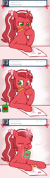Size: 722x2554 | Tagged: safe, artist:redintravenous, imported from derpibooru, oc, oc:red ribbon, pony, unicorn, ask red ribbon, female, juice, juice box, magic, mare, mouth hold, pencil, solo