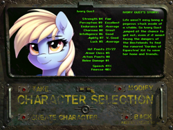 Size: 640x480 | Tagged: safe, editor:primortal, imported from derpibooru, oc, oc only, oc:ivory gust, pegasus, pony, fallout equestria, ai assisted, ai content, ai generated, background, character select, clipdrop, fake game screenshot, fake screenshot, fallout, fallout 2, female, generator:novelai, generator:stable diffusion, paint.net, pegasus oc, photoshop, stats, story, summary, wings