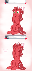 Size: 1000x2198 | Tagged: safe, artist:redintravenous, imported from derpibooru, oc, oc:red ribbon, pony, unicorn, ask red ribbon, blushing, bow, female, hair bow, mare, solo