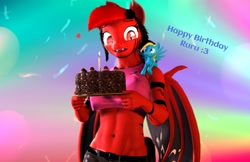 Size: 3333x2154 | Tagged: safe, artist:dawnyr, oc, oc only, oc:runic, anthro, 3d, breasts, cake, clothes, food