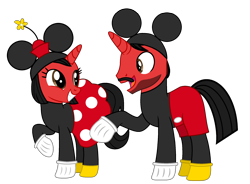 Size: 2250x1655 | Tagged: safe, artist:mickey1909, imported from derpibooru, oc, oc only, oc:mickey motion, oc:minnie motion, unicorn, clothes, costume, disney, dress, ears, female, male, mickey mouse, minnie mouse, shorts, simple background, smiling, transparent background