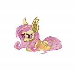 Size: 1992x1856 | Tagged: safe, artist:opalacorn, imported from derpibooru, fluttershy, bat pony, pony, bat ponified, cute, flutterbat, lying down, prone, race swap, sad, shyabates, shyabetes, simple background, solo, white background