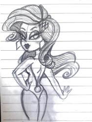 Size: 768x1024 | Tagged: safe, artist:inkies299, imported from derpibooru, rarity, human, equestria girls, bedroom eyes, butt, freckles, grayscale, lined paper, looking at you, looking back, looking back at you, monochrome, rearity, solo