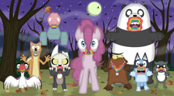 Size: 826x460 | Tagged: safe, artist:porygon2z, imported from derpibooru, pinkie pie, bear, beaver, bird, dog, earth pony, fox, otter, panda, pony, porygon, angry beavers, bluey, bluey heeler, cookie zombie, crossover, daggett, disney, dora the explorer, female, halloween, holiday, hornbill, king clawthorne, male, mare, nickelodeon, nightmare night, panda (we bare bears), pb&j otter, pokémon, swiper, the lion king, the owl house, we bare bears, zazu