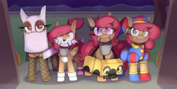 Size: 4096x2058 | Tagged: safe, artist:lockheart, imported from derpibooru, oc, oc only, oc:cherry sweetheart, oc:stella cherry, earth pony, pegasus, pony, bucket, car, clothes, costume, cute, eye clipping through hair, female, ghost costume, halloween, halloween costume, holiday, looking at you, mare, miles "tails" prower, mouth hold, nightmare night costume, pomni, smiling, smiling at you, sonic the hedgehog (series), the amazing digital circus, trick or treat