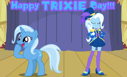 Size: 2820x1708 | Tagged: safe, artist:shieldwingarmorofgod, imported from derpibooru, trixie, human, pony, unicorn, equestria girls, female, self paradox, self ponidox, solo, stage, trixie day