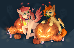 Size: 3500x2300 | Tagged: safe, artist:moewwur, artist:rin-mandarin, imported from derpibooru, oc, oc only, oc:chise, oc:svatya, pegasus, pony, blue background, candle, couple, cucumber, food, ginger hair, halloween, helloween, holiday, jack-o-lantern, pegasus wings, pink hair, pink mane, pumpkin, red hair, simple background, spooky, spread wings, strawberry mane, tendrils, wings