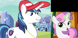 Size: 1416x691 | Tagged: safe, edit, edited screencap, imported from derpibooru, screencap, shining armor, sweetie belle, unicorn, games ponies play, cropped, female, male, side by side, stallion, sweetie belle's cutie mark