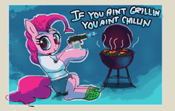 Size: 1128x713 | Tagged: safe, artist:vultraz, pinkie pie, earth pony, pony, 1000 hours in ms paint, blowtorch, clothes, crocs, female, grill, looking at you, mare, pinktober, shirt, shorts, sitting, smiling, solo, solo female, text