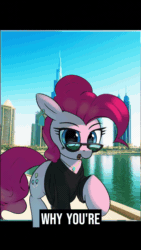 Size: 1080x1920 | Tagged: safe, artist:vultraz, pinkie pie, earth pony, pony, ai assisted, clothes, dubai, ear piercing, earring, female, glasses, jewelry, mare, necklace, piercing, pinktober, shirt, smile song, solo, solo female, text