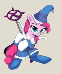 Size: 2000x2418 | Tagged: safe, artist:vultraz, pinkie pie, earth pony, pony, beige background, cape, clothes, female, mare, pinktober, robes, runescape, simple background, solo, solo female, staff