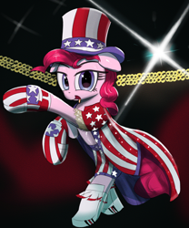 Size: 2000x2408 | Tagged: safe, artist:vultraz, pinkie pie, earth pony, pony, american flag, apollo creed, bipedal, boots, boxing gloves, clothes, female, hat, jacket, looking at you, mare, open mouth, pinktober, shoes, shorts, solo, solo female, top hat, uncle sam