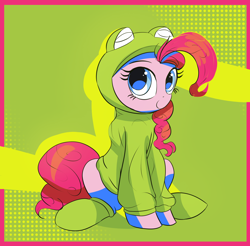 Size: 2030x2000 | Tagged: safe, artist:vultraz, pinkie pie, earth pony, pony, clothes, colorful, female, frog costume, hoodie, mare, pinktober, sitting, socks, solo, solo female
