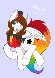 Size: 1462x2048 | Tagged: safe, artist:mscolorsplash, imported from derpibooru, oc, oc only, oc:color splash, pegasus, pony, blue background, bowtie, clothes, costume, female, hat, mare, nightmare night costume, one eye closed, open mouth, open smile, ponytober, simple background, smiling, solo, top hat