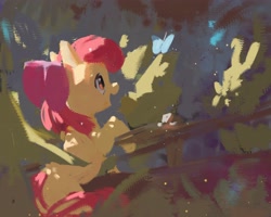 Size: 4096x3273 | Tagged: safe, artist:inkhooves, imported from derpibooru, apple bloom, butterfly, earth pony, pony, bow, female, filly, foal, hair bow, solo
