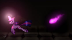 Size: 1280x720 | Tagged: safe, artist:isidoratubby, imported from derpibooru, twilight sparkle, demon, pony, unicorn, bricks, chase, dark, dark magic, dungeon, duo, entity, eye mist, fan game, female, glowing, glowing eyes, glowing eyes of doom, glowing horn, horn, leaping, magic, not king sombra, not sombra, not umbrum, running, scared, shadow creature, signature, twilight escape, twilight's escape, unicorn twilight