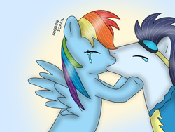 Size: 960x720 | Tagged: safe, artist:dasher666, artist:rd97, edit, imported from derpibooru, rainbow dash, soarin', pegasus, pony, crying, eyes closed, female, kiss on the lips, kissing, male, mare, ship:soarindash, shipping, stallion, straight