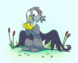 Size: 2538x2062 | Tagged: safe, artist:dawnfire, imported from ponybooru, gabby, frog, griffon, blue background, cute, female, gabbybetes, high res, looking at something, open mouth, open smile, simple background, sitting, smiling, solo
