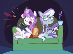 Size: 2454x1806 | Tagged: safe, artist:dawnfire, imported from ponybooru, silver spoon, sweetie belle, earth pony, pony, unicorn, cheese puffs, chip bag, commission, controller, couch, cup, dexterous hooves, duo, female, filly, foal, food, headphones, headset, microphone, open mouth, sitting, teacup, yelling