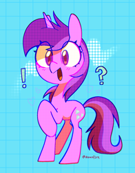Size: 1248x1589 | Tagged: safe, artist:dawnfire, imported from ponybooru, amethyst star, sparkler, pony, unicorn, abstract background, colorful, exclamation point, female, mare, open mouth, open smile, question mark, smiling, solo