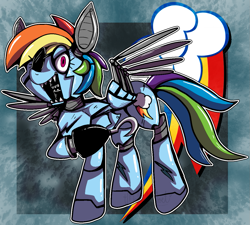 Size: 1249x1125 | Tagged: safe, artist:malachimoet, imported from derpibooru, rainbow dash, pegasus, pony, robot, robot pony, animatronic, crossover, eyepatch, five nights at freddy's, five nights at pinkie's, foxy dash, hook, raised hoof, solo