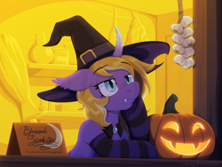 Size: 1600x1200 | Tagged: safe, artist:willoillo, imported from derpibooru, oc, oc only, oc:willowisp, unicorn, broom, clothes, garlic, halloween, hat, holiday, jack-o-lantern, pumpkin, samhain, socks, solo, striped socks, witch, witch hat