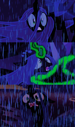 Size: 530x894 | Tagged: safe, edit, edited screencap, editor:incredibubbleirishguy, imported from derpibooru, screencap, queen chrysalis, to where and back again, what lies beneath, furious, hat, horrified, implied starlight glimmer, rain, reference, remake, shocked, the little mermaid, wicked witch of the west