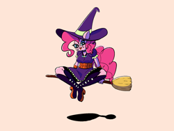 Size: 1600x1200 | Tagged: safe, artist:pertdegert, imported from derpibooru, pinkie pie, anthro, earth pony, plantigrade anthro, broom, clothes, costume, female, flying, flying broomstick, halloween, halloween costume, hat, holiday, looking at you, mare, orange background, platform boots, simple background, sitting, solo, tongue out, witch hat