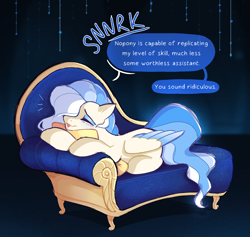 Size: 2500x2366 | Tagged: safe, artist:syrupyyy, imported from derpibooru, oc, oc only, oc:florid frost, pegasus, pony, ask, description is relevant, dialogue, eyes closed, fainting couch, lying down, male, prone, solo, speech bubble, stallion