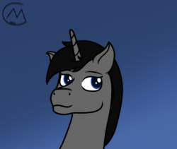 Size: 1386x1170 | Tagged: safe, artist:maître cervidé, imported from derpibooru, oc, oc only, oc:onyx deadshot, pony, unicorn, animated, ear flick, floppy ears, gif, gradient background, signature, solo