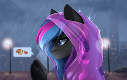 Size: 3461x2175 | Tagged: safe, artist:alunedoodle, imported from derpibooru, oc, oc only, oc:obabscribbler, earth pony, pony, city, female, phone, rain, raincoat, solo, two toned mane