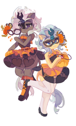 Size: 3414x5607 | Tagged: safe, artist:saxopi, imported from derpibooru, oc, oc only, oc:jinx kurai, oc:misty showers, kirin, semi-anthro, arm hooves, candy, clothes, dress, duo, flower, food, halloween, holiday, horn, mask, masquerade mask, pumpkin, scales, shoes, simple background, skirt, socks, stockings, thigh highs, white background