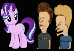 Size: 1005x691 | Tagged: safe, edit, imported from derpibooru, starlight glimmer, human, pony, unicorn, spoiler:everypony at the blanket, beavis and butthead, black background, simple background