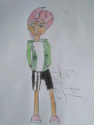 Size: 3072x4096 | Tagged: safe, artist:epicheavytf2, imported from derpibooru, babs seed, equestria girls, alternate clothes, alternate hairstyle, alternate universe, clothes, hand in pocket, hoodie, sans (undertale), shorts, simple background, slippers, smiling, traditional art, undertale, white shirt