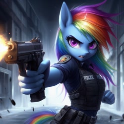 Size: 1024x1024 | Tagged: safe, imported from derpibooru, rainbow dash, anthro, ai content, ai generated, gun, police officer, weapon