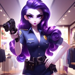 Size: 1024x1024 | Tagged: safe, imported from derpibooru, rarity, anthro, ai content, ai generated, gun, police officer, trigger discipline, weapon