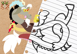 Size: 5130x3600 | Tagged: safe, artist:thornygiggles, imported from derpibooru, discord, antlers, digital art, discord day, drawing, eyebrows, graph paper, horn, marker, sharp nails, sketch, solo, tongue out, watermark