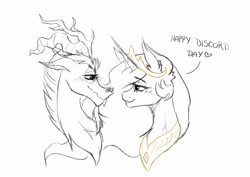 Size: 4093x2894 | Tagged: safe, artist:ruby gilbert, artist:rubyart44, imported from derpibooru, discord, princess celestia, antlers, beard, blushing, bust, commissioner:zcord, crown, discord day, facial hair, female, heart, high res, horn, imminent kissing, jewelry, looking at each other, looking at someone, male, portrait, regalia, ship:dislestia, shipping, sketch, snaggletooth, straight, traditional art