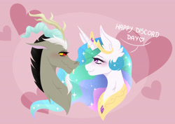 Size: 4093x2894 | Tagged: safe, alternate version, artist:ruby gilbert, artist:rubyart44, imported from derpibooru, part of a set, discord, princess celestia, antlers, beard, blush sticker, blushing, bust, commissioner:zcord, crown, discord day, facial hair, female, heart, high res, horn, imminent kissing, jewelry, looking at each other, looking at someone, male, pink background, portrait, regalia, ship:dislestia, shipping, simple background, sketch, snaggletooth, straight