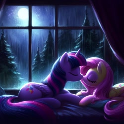 Size: 1024x1024 | Tagged: safe, imported from derpibooru, fluttershy, twilight sparkle, ai content, ai generated, eyes closed, eyeshadow, female, forest, generator:dall-e 3, kissing, lesbian, makeup, moon, nature, night, rain, ship:twishy, shipping, tree