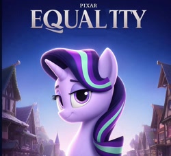Size: 1018x926 | Tagged: safe, editor:lostbrony, imported from derpibooru, starlight glimmer, pony, unicorn, ai content, ai generated, bust, female, generator:dall-e 3, lidded eyes, looking at you, mare, meme, pixar, pixar ai meme, prompter:lostbrony, smiling, smiling at you, solo, village, wrong eye color, wrong mane